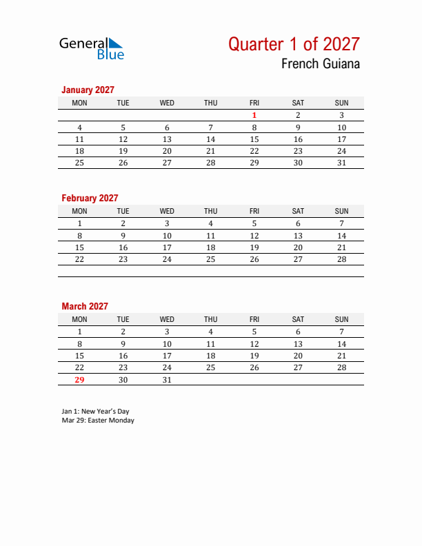 Printable Three Month Calendar with French Guiana Holidays