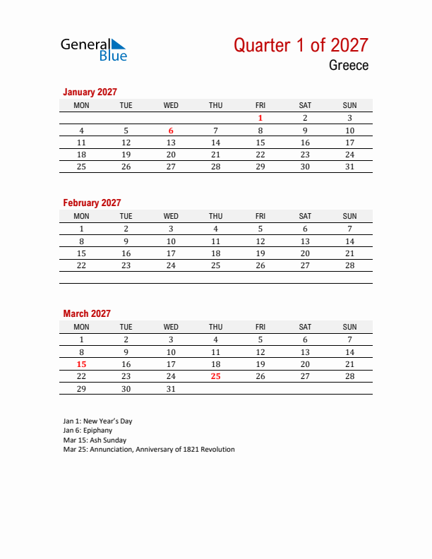 Printable Three Month Calendar with Greece Holidays