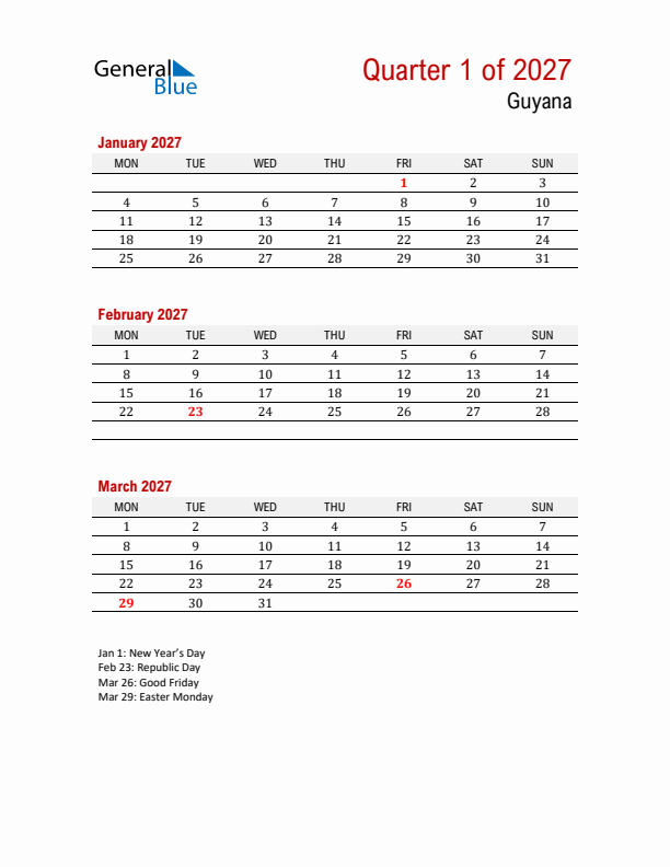 Printable Three Month Calendar with Guyana Holidays