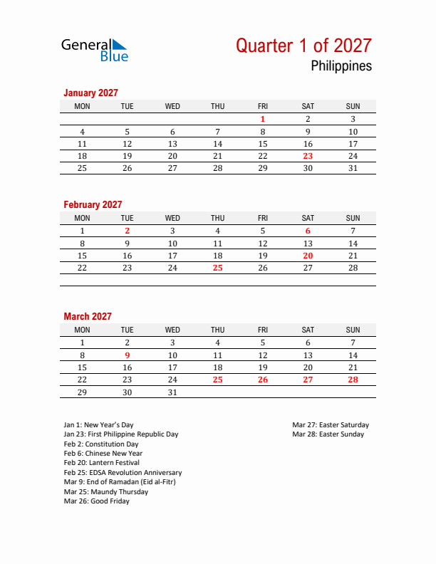 Printable Three Month Calendar with Philippines Holidays