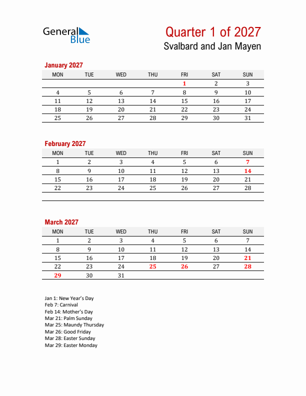 Printable Three Month Calendar with Svalbard and Jan Mayen Holidays