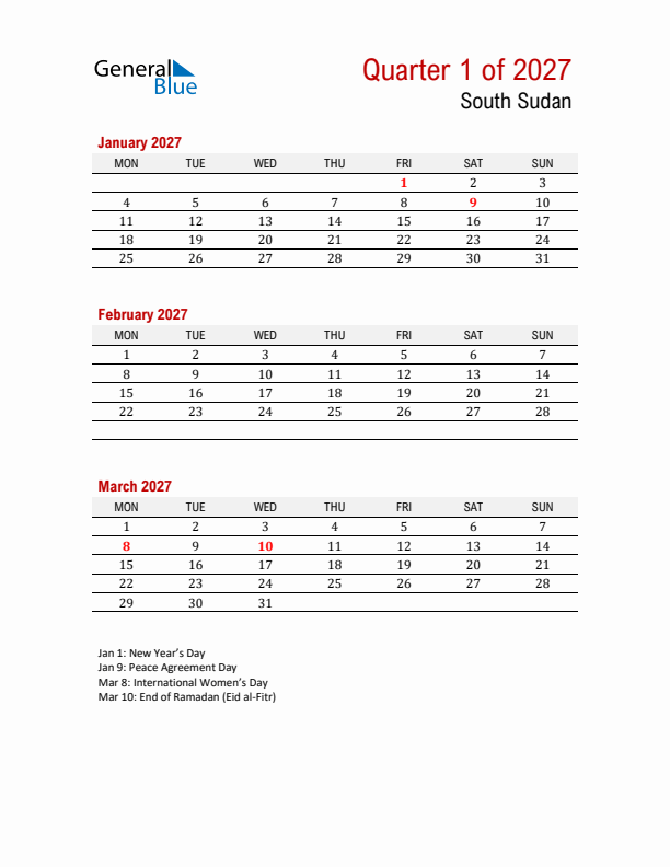 Printable Three Month Calendar with South Sudan Holidays