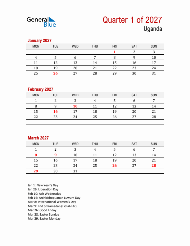 Printable Three Month Calendar with Uganda Holidays