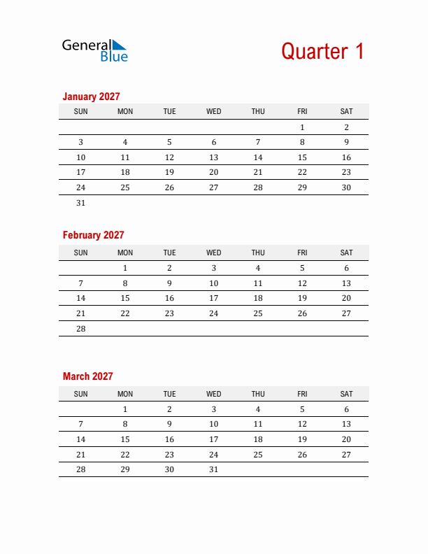 Three-Month Printable Calendar 2027