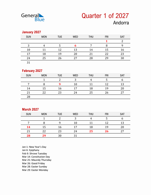 Printable Three Month Calendar with Andorra Holidays