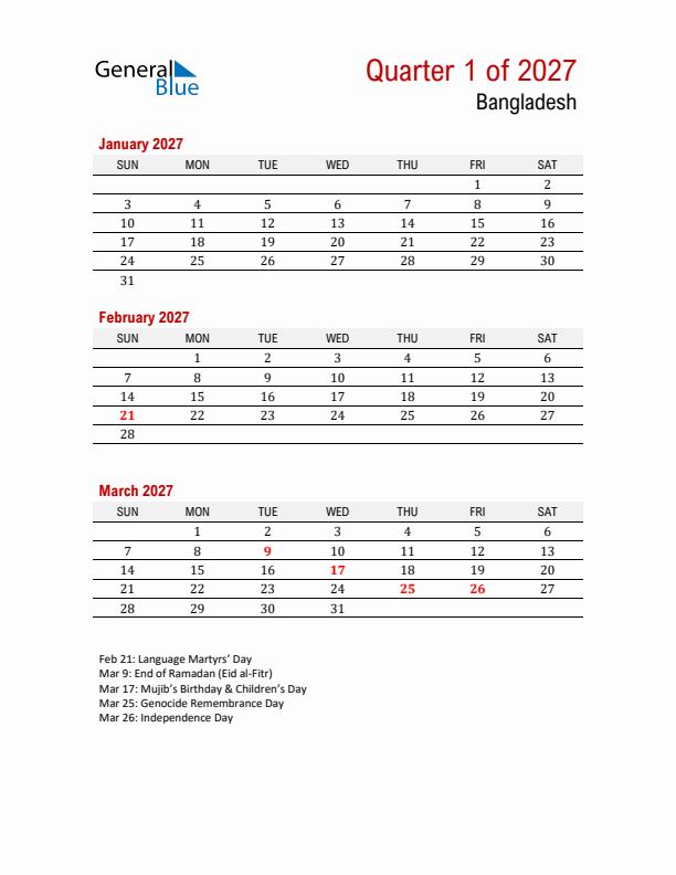 Printable Three Month Calendar with Bangladesh Holidays