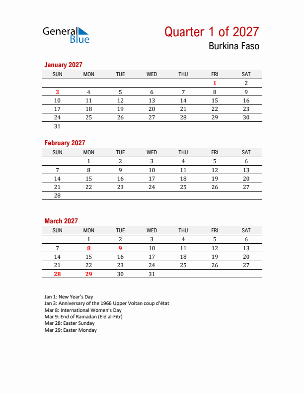 Printable Three Month Calendar with Burkina Faso Holidays