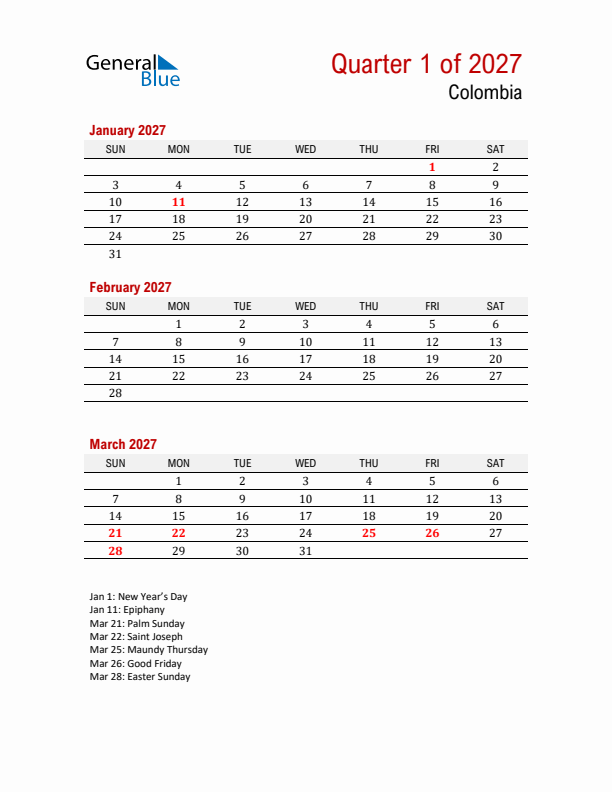 Printable Three Month Calendar with Colombia Holidays