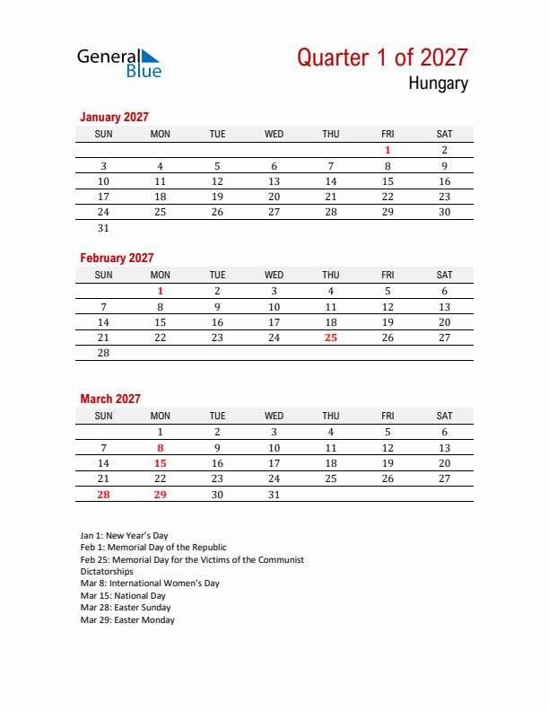 Printable Three Month Calendar with Hungary Holidays