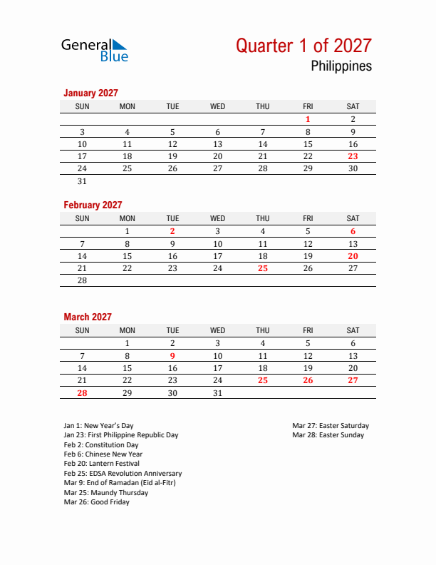 Printable Three Month Calendar with Philippines Holidays