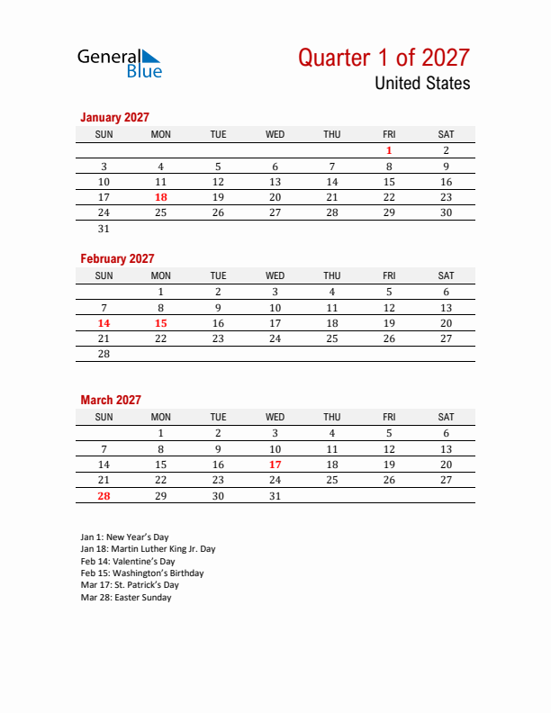 Printable Three Month Calendar with United States Holidays