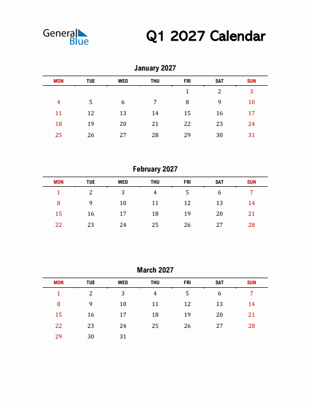 2027 Q1 Calendar with Red Weekend