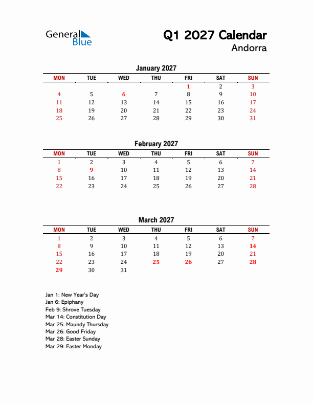 2027 Q1 Calendar with Holidays List for Andorra