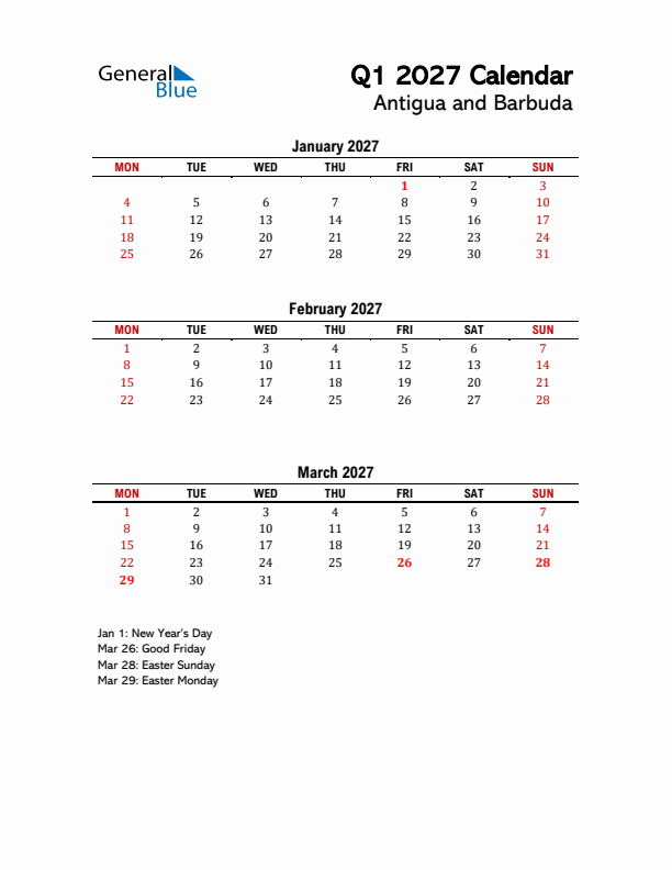 2027 Q1 Calendar with Holidays List for Antigua and Barbuda