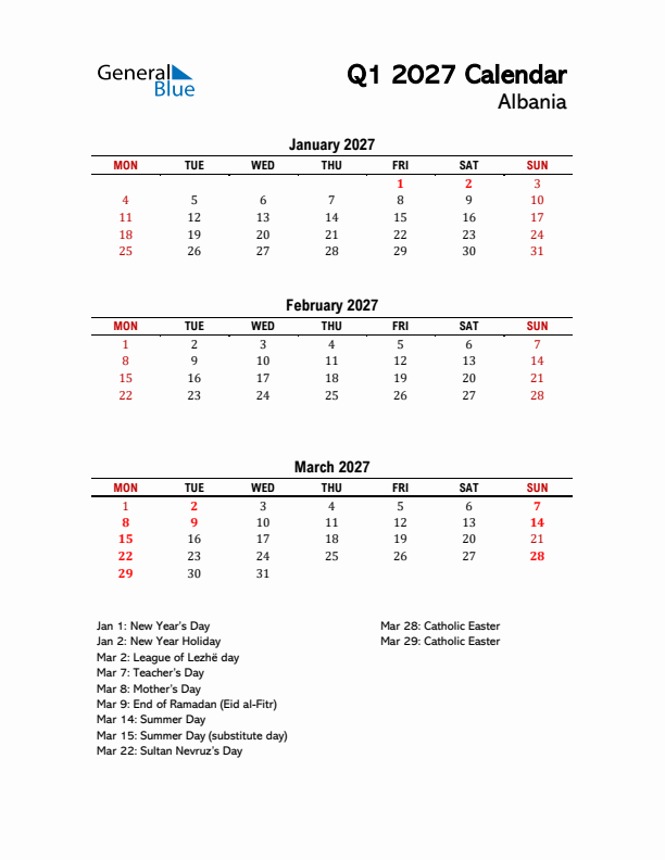 2027 Q1 Calendar with Holidays List for Albania