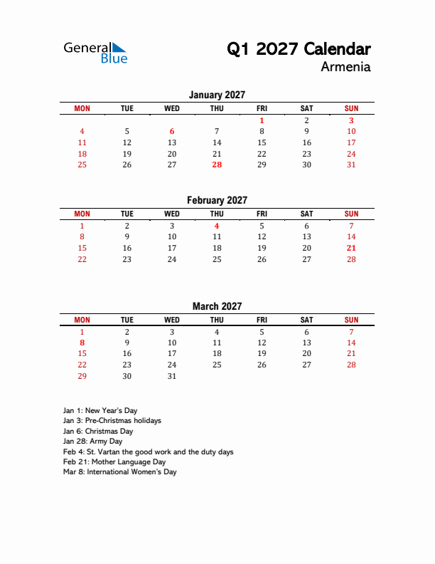 2027 Q1 Calendar with Holidays List for Armenia