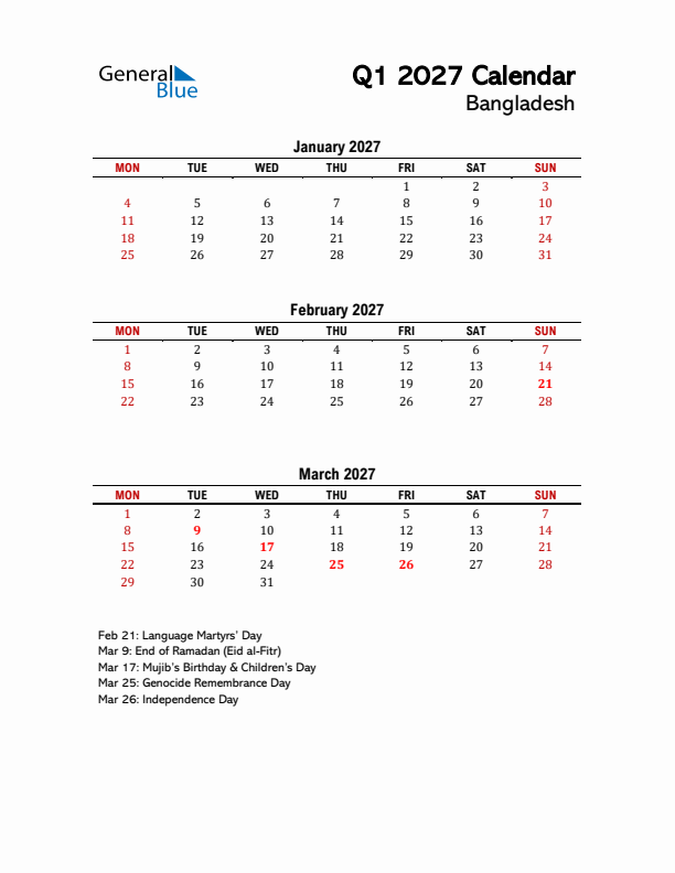 2027 Q1 Calendar with Holidays List for Bangladesh