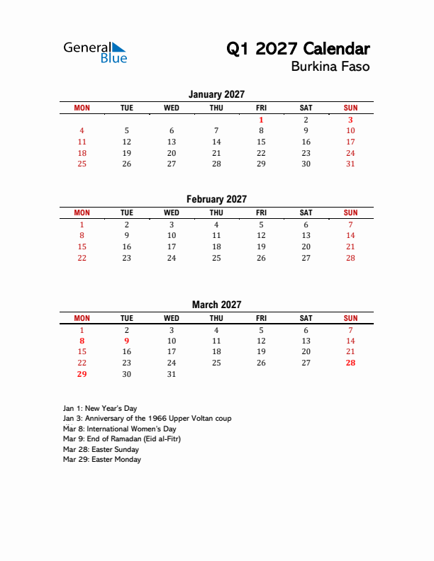 2027 Q1 Calendar with Holidays List for Burkina Faso