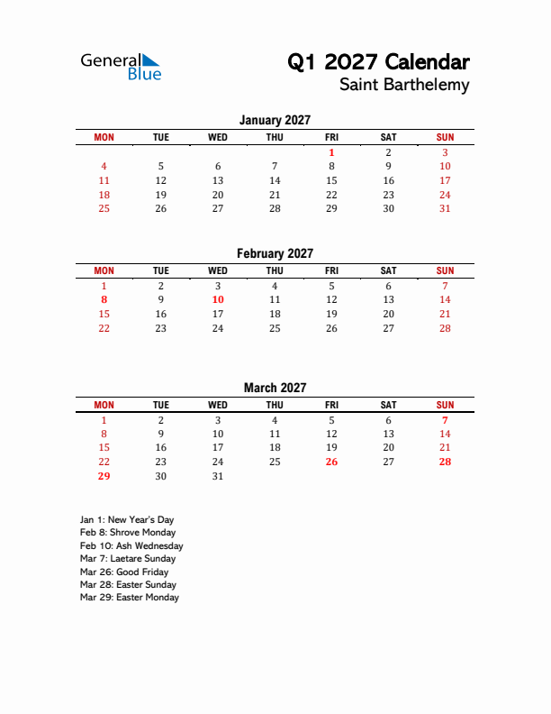 2027 Q1 Calendar with Holidays List for Saint Barthelemy