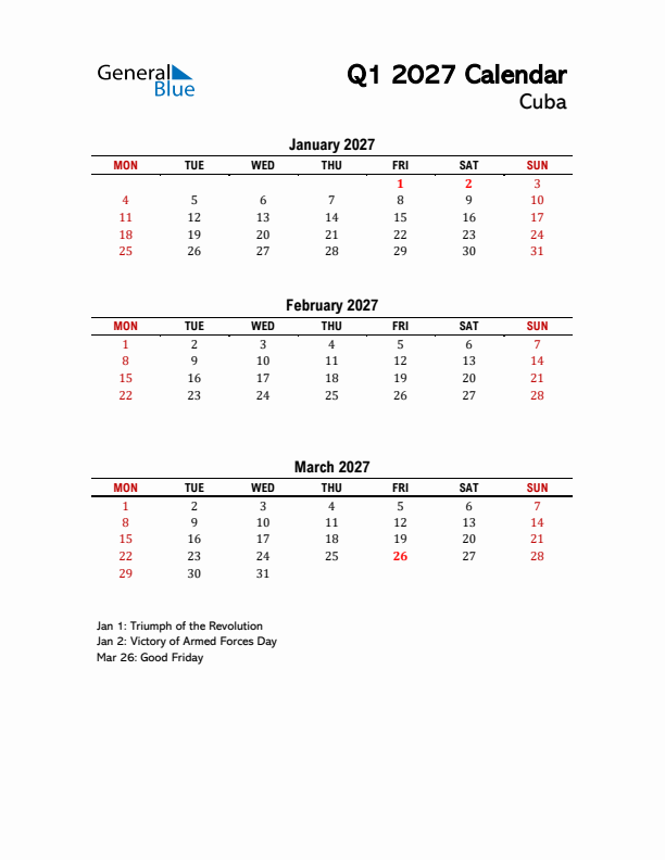 2027 Q1 Calendar with Holidays List for Cuba