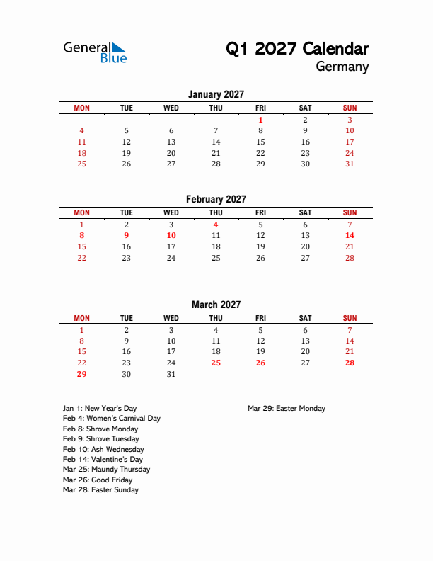 2027 Q1 Calendar with Holidays List for Germany