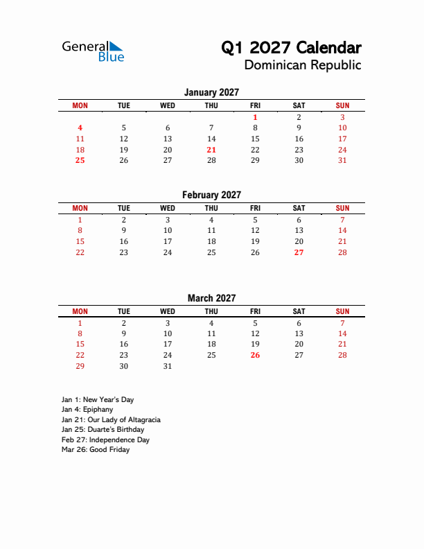 2027 Q1 Calendar with Holidays List for Dominican Republic