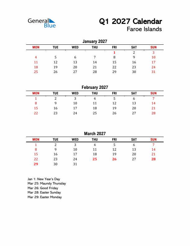 2027 Q1 Calendar with Holidays List for Faroe Islands