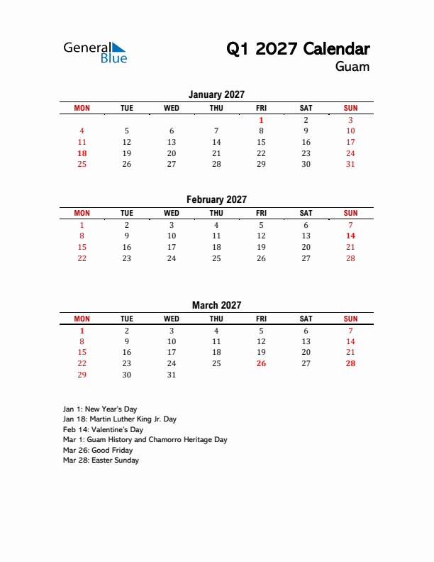 2027 Q1 Calendar with Holidays List for Guam