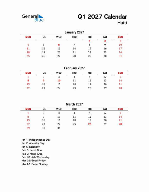 2027 Q1 Calendar with Holidays List for Haiti