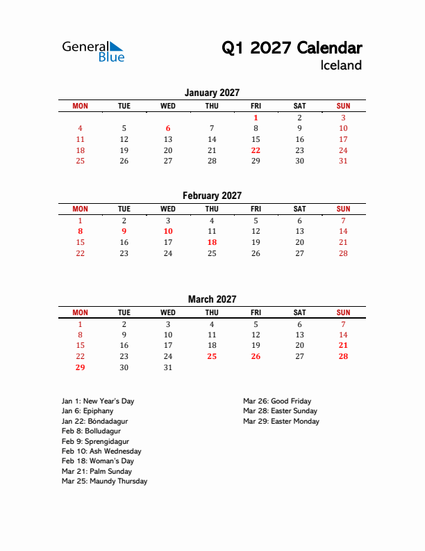 2027 Q1 Calendar with Holidays List for Iceland