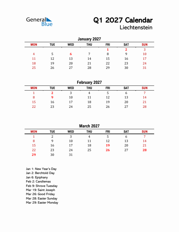 2027 Q1 Calendar with Holidays List for Liechtenstein