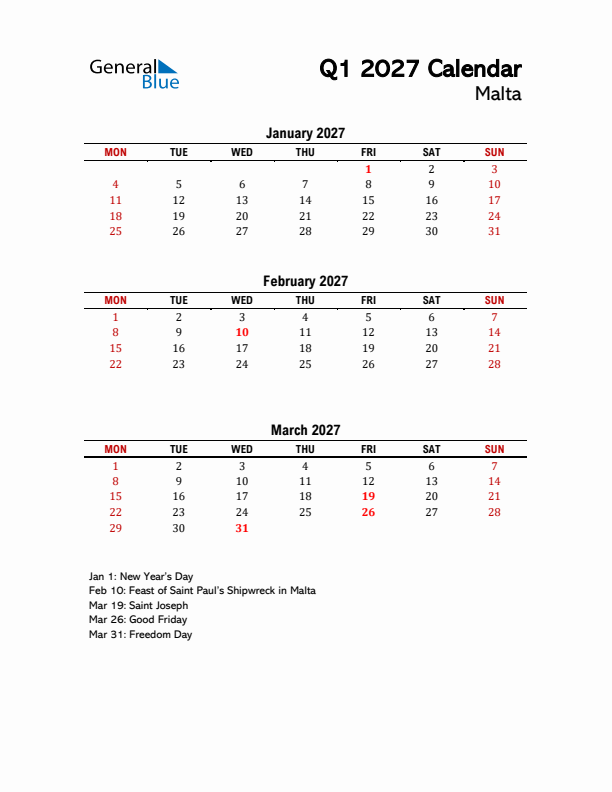 2027 Q1 Calendar with Holidays List for Malta