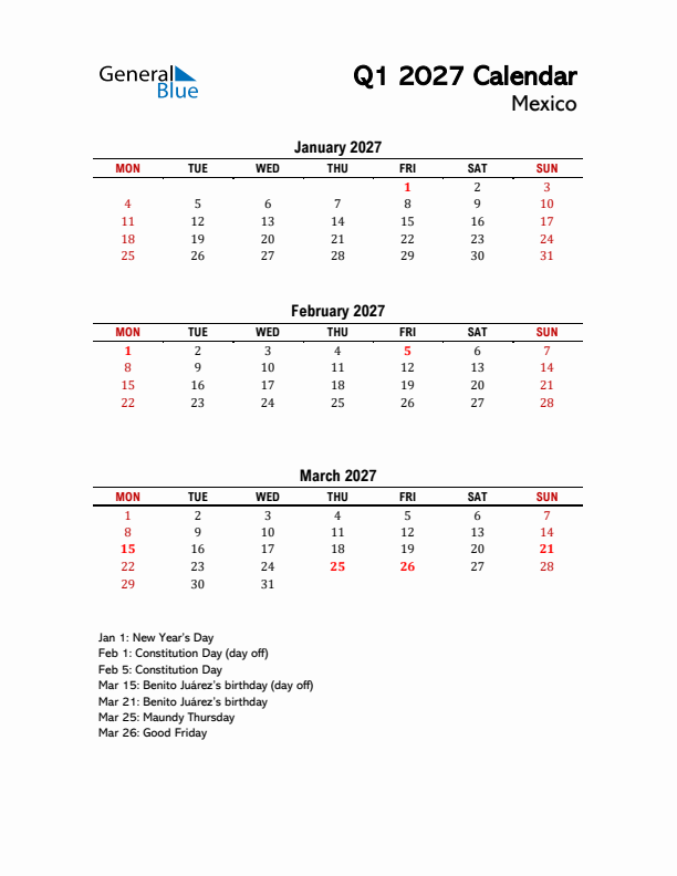 2027 Q1 Calendar with Holidays List for Mexico