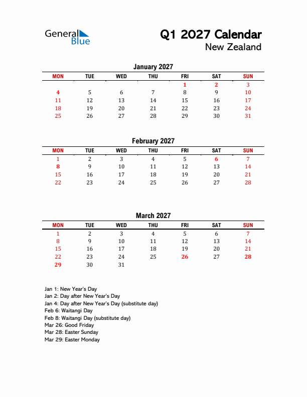 2027 Q1 Calendar with Holidays List for New Zealand