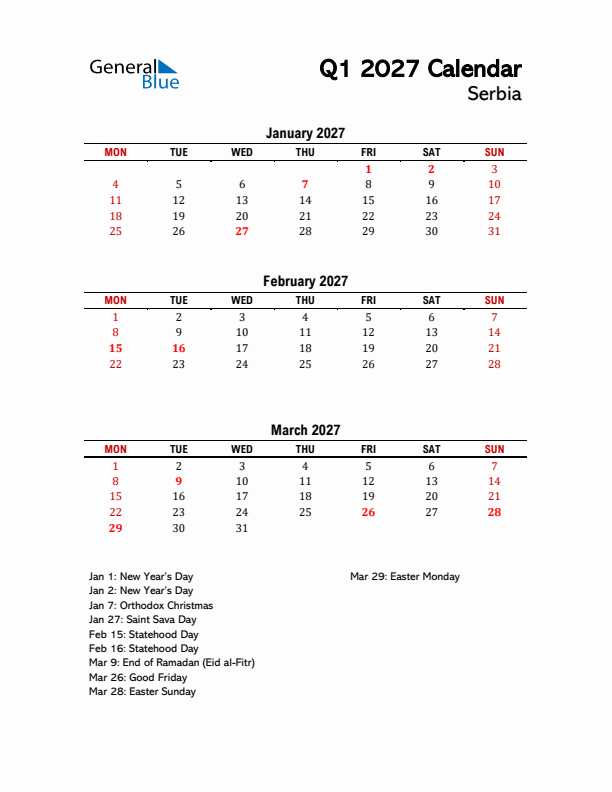 2027 Q1 Calendar with Holidays List for Serbia