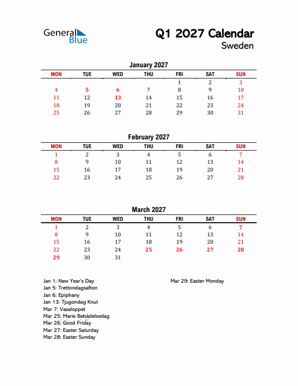 2027 Q1 Calendar with Holidays List for Sweden