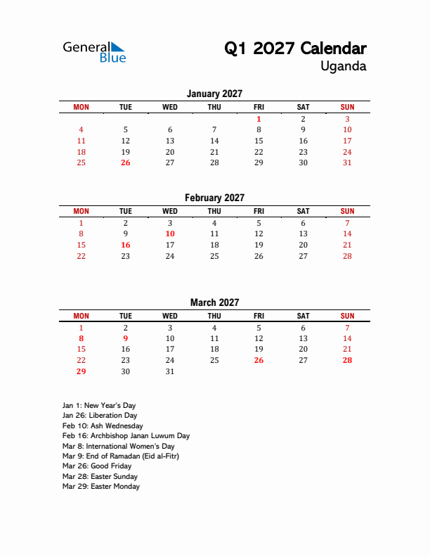 2027 Q1 Calendar with Holidays List for Uganda