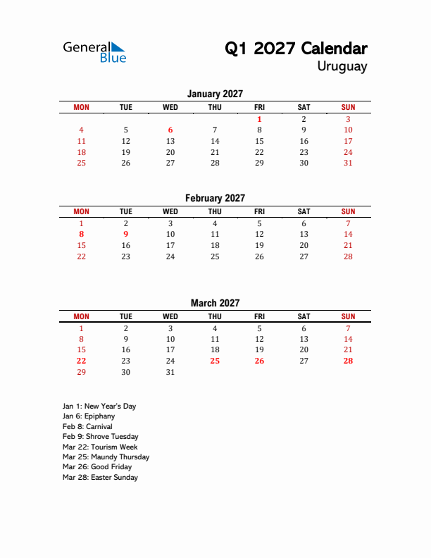 2027 Q1 Calendar with Holidays List for Uruguay