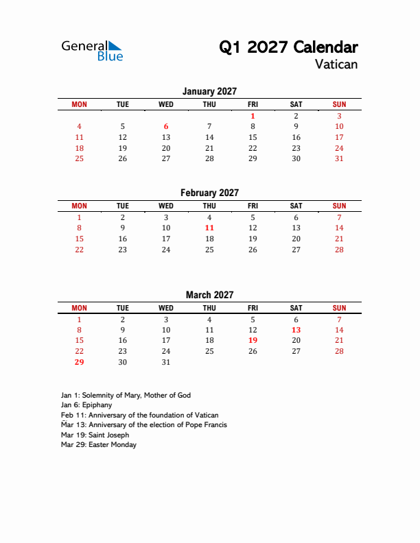 2027 Q1 Calendar with Holidays List for Vatican