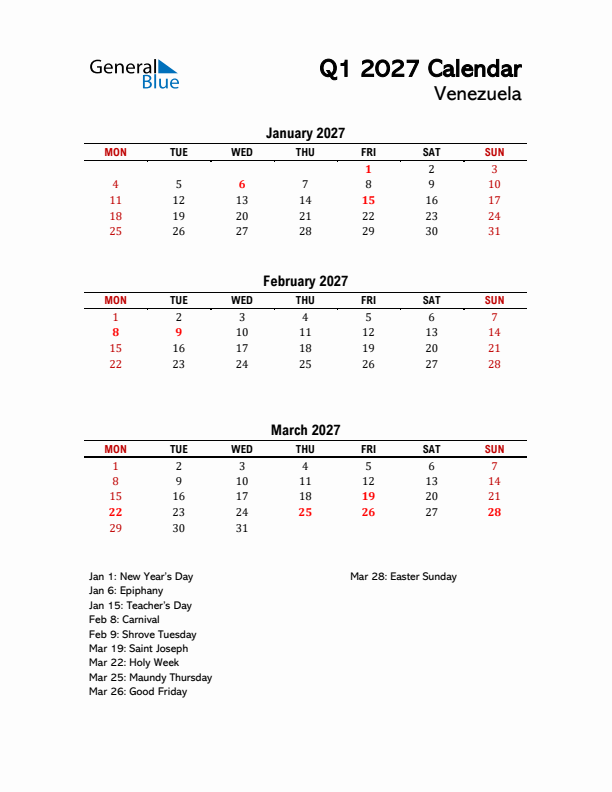 2027 Q1 Calendar with Holidays List for Venezuela