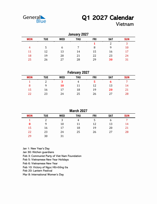 2027 Q1 Calendar with Holidays List for Vietnam