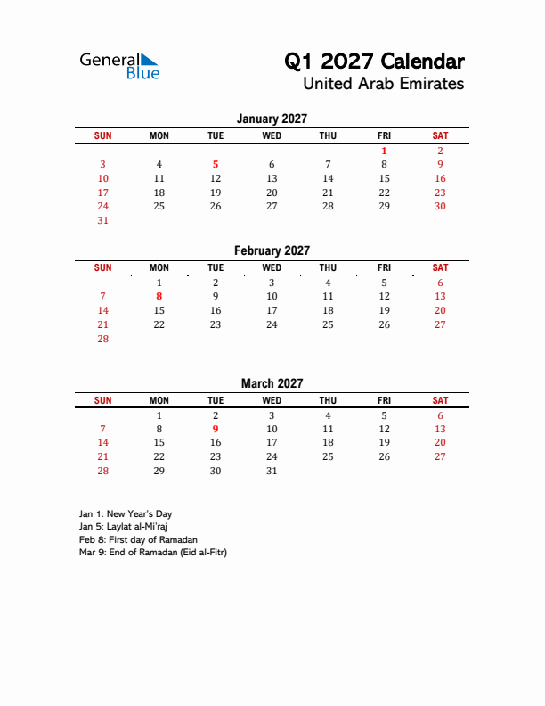 2027 Q1 Calendar with Holidays List for United Arab Emirates