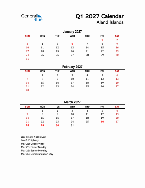 2027 Q1 Calendar with Holidays List for Aland Islands