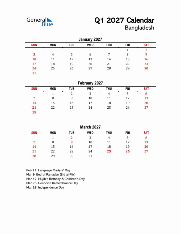 2027 Q1 Calendar with Holidays List for Bangladesh