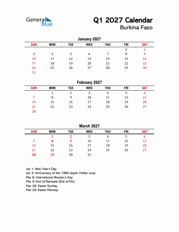 2027 Q1 Calendar with Holidays List for Burkina Faso