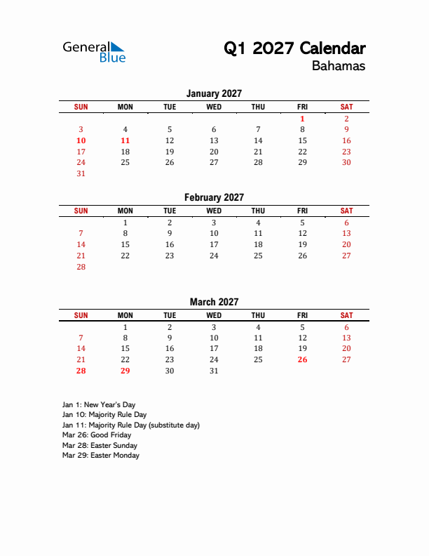 2027 Q1 Calendar with Holidays List for Bahamas