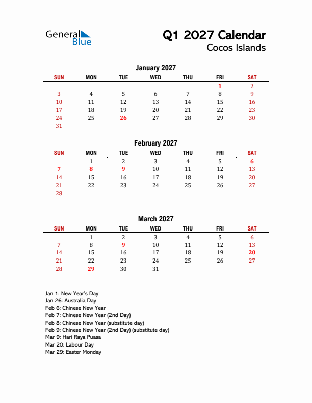 2027 Q1 Calendar with Holidays List for Cocos Islands