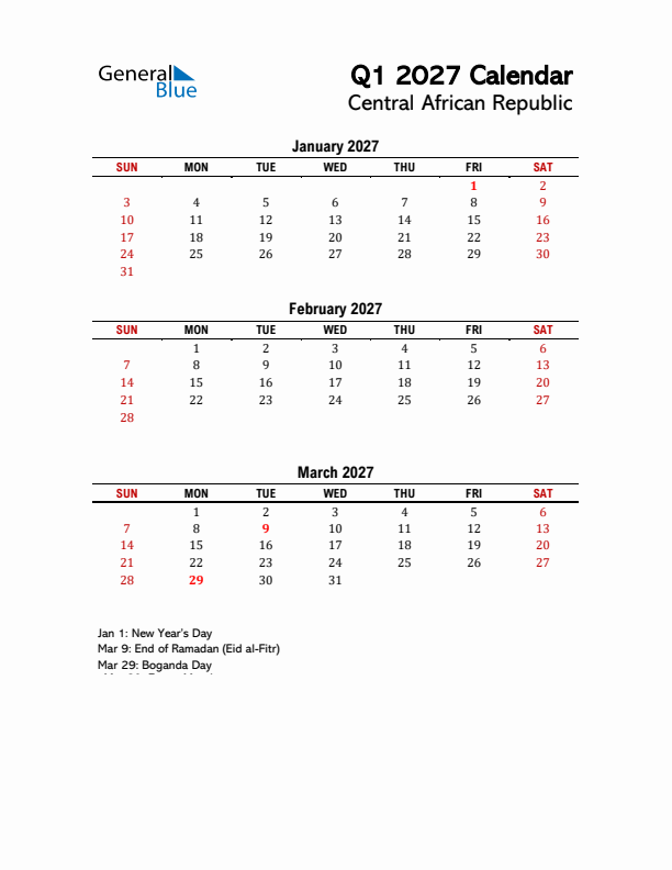 2027 Q1 Calendar with Holidays List for Central African Republic