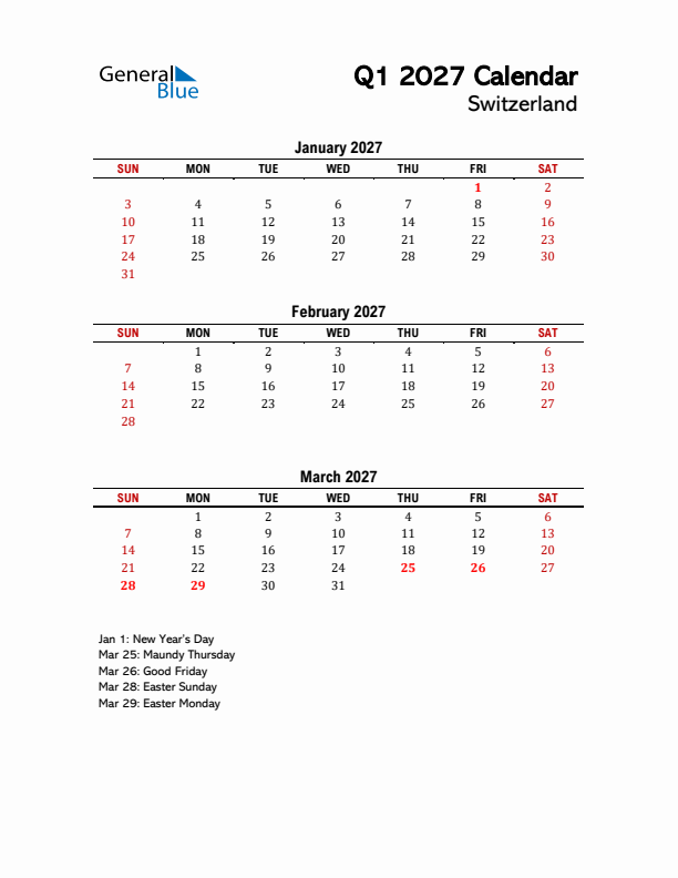 2027 Q1 Calendar with Holidays List for Switzerland