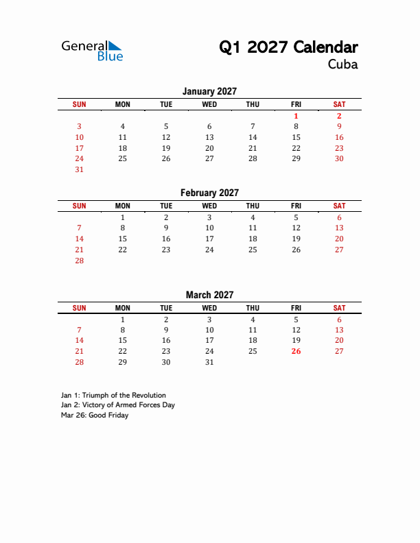 2027 Q1 Calendar with Holidays List for Cuba